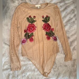 Forever 21 Floral Embroidered Nude Bodysuit 3x